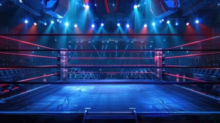 Portrait of an empty boxing ring arena with lights at night. AI generated image - obrazy, fototapety, plakaty