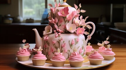 Tea party cake with fondant teacups, saucers, and floral arrangements.