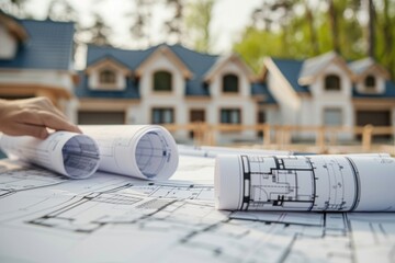 House plans and blueprints on the table with a house in the background