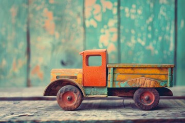 Obraz premium Vintage toy truck on aquamarine backdrop with retro filter