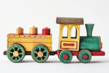 Vintage wooden toy train with yellow and green locomotive and red coach on white backdrop