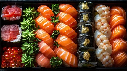Set of sushi and rolls on a dark stone background. Food advertising. Banner, menu.