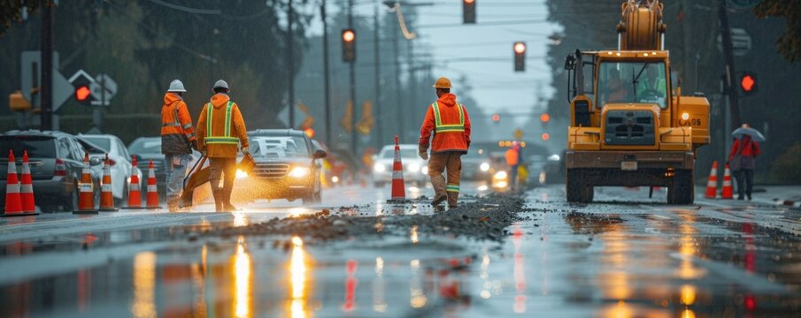Road construction workers in yellow raincoats improving infrastructure during heavy rainstorm