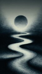 A winding road unravels from a spherical object in the sky, creating an optical illusion of endlessness.