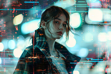 A young woman in urban streetwear, her confident pose contrasts with a background of digital noise and glitch effects