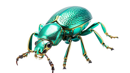 A stunning green beetle up close against a stark white background - obrazy, fototapety, plakaty