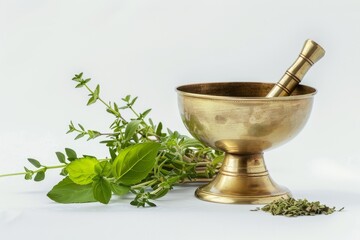 White background with herb oil and brass mortar