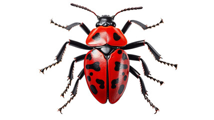 A striking red and black bug with black spots crawls gracefully along a dark backdrop