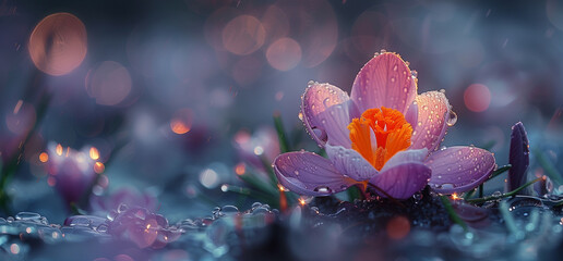 Single flower of crocus in the spring rain, selective focus, sunrise, background bokeh