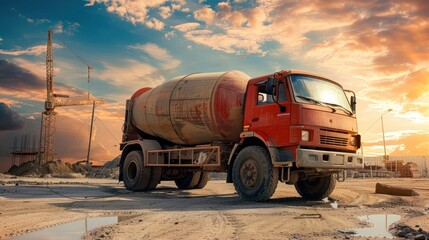 Concrete mixer truck vehicle on construction site building at sunny day. AI generated image - obrazy, fototapety, plakaty