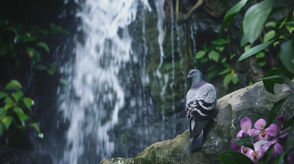 pigeon sitting on the rock near the waterfall.  - Powered by Adobe