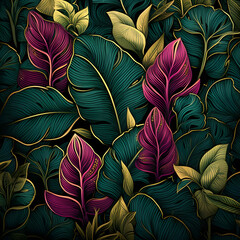 a pattern, dark green plants, natural organic shapes, small lighting magenta details, with golden lineal geometrical details between the plants
