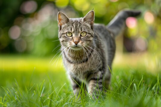 Young adult grey tabby domestic cat walking in garden grass
