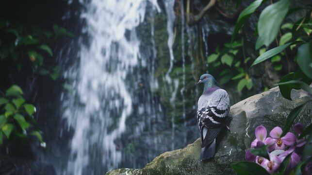 pigeon sitting on the rock near the waterfall. 