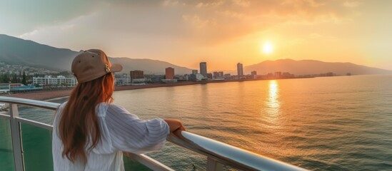 Female caucasian tourist enjoy Panoramic View of Batumi coast and tourist attractions with romantic sunset background. - obrazy, fototapety, plakaty