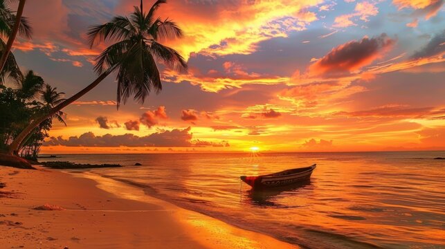 Beautiful panoramic sunset at tropical beach evening scene. AI generated image