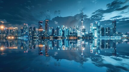 Panoramic reflection waterfront of city skyline in blue tone color. AI generated image - obrazy, fototapety, plakaty