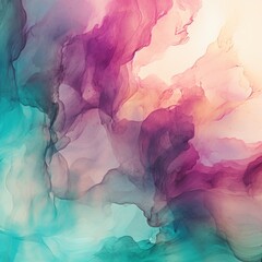Taupe Magenta Turquoise abstract watercolor paint background barely noticeable with liquid fluid texture for background, banner with copy space and blank text area