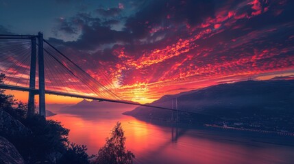 Panoramic view of the evening sky with a suspension bridge over a beautiful river. Generated AI - obrazy, fototapety, plakaty