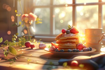 Delicious sweet pancakes with fruits and honey, cup of coffee, glass of juice, and vase with fresh flowers, sun morning breakfast, sunny morning breakfast, next to the window - obrazy, fototapety, plakaty