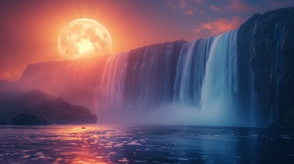 wide waterfall illuminated by the full moon.  - obrazy, fototapety, plakaty