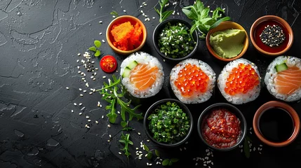 Fotobehang Set of sushi and rolls on a dark stone background. Food advertising. Banner, menu. © Innavector