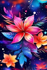 Fototapeta na wymiar Vibrant colorful flowers set against dark background. For meditation apps, on covers of books about spiritual growth, in designs for yoga studios, spa salons, illustration for articles on inner peace.