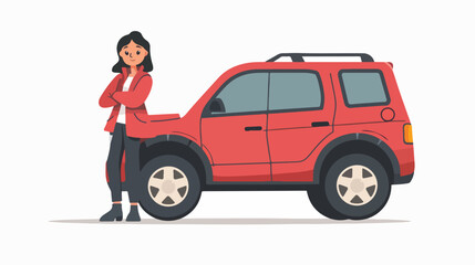 Illustration of a girl standing next to car on whit