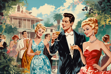 Retro Gala Affair: 50s Poster Showcasing Fashionable Men, Graceful Women