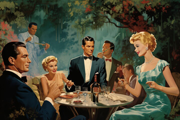 1950s Ballroom Elegance: Vintage Poster Featuring Stylish Men, Elegant Women