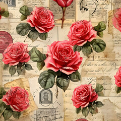 shabby chic vintage layered pattern of roses, vintage letters, stamps