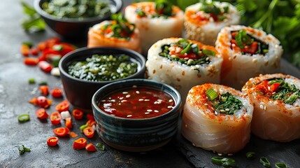 Set of sushi and rolls on a dark stone background. Food advertising. Banner, menu.