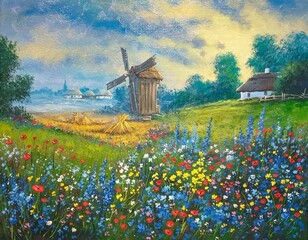 Oil paintings landscape, background made of colorful wild flowers, windmill and flowers, fine art - 774439511