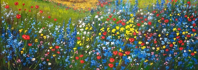 Oil paintings landscape, background made of colorful wild flowers - 774439512