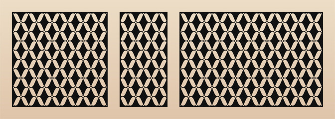 Decorative stencils for laser cut. Vector templates with abstract geometric pattern, mesh, lattice, curved grid texture. Asian style ornaments. Template for cnc cutting. Aspect ratio 1:1, 1:2, 3:2 - 774439931