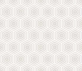 Subtle vector seamless pattern with hexagons, halftone lines, gradient transition effect. Beige and white abstract geometric background with hexagonal grid texture. Simple minimal repeating design