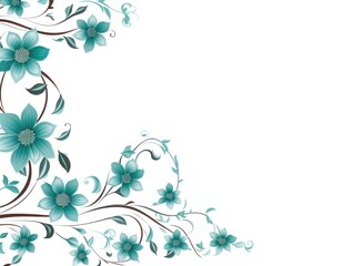 Fototapeta na wymiar Teal thin barely noticeable flower frame with leaves isolated on white background pattern