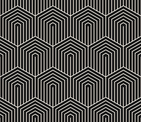 Vector minimalist seamless pattern with hexagons, lines. Black and white abstract geometric background with hexagonal grid. Simple linear monochrome texture. Dark repeated geo design for decor, print - 774439957