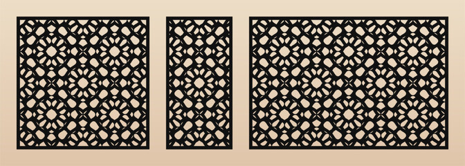 Decorative stencils set for laser cut. Vector panels with abstract geometric pattern, mesh, lattice, floral grid, lace. Islamic style ornaments. Template for CNC cutting. Aspect ratio 1:1, 1:2, 3:2 - 774439963