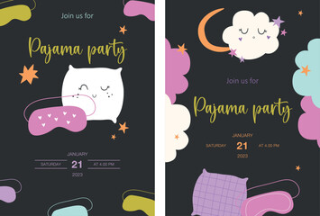 Pajama Party invitation card template with sleep mask, stars, clouds. Set of vector design invites.