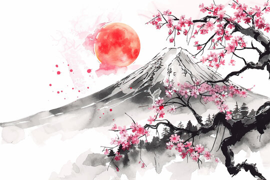 Abstract watercolor hand drawn japanese style with fuji mountain, cheery tree, sun and white background isolated
