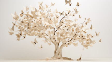 Surreal Landscape: A White Paper Tree with Fluttering Butterflies