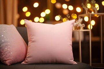 A pink cushion on the sofa, Christmas lights in a blur, a layout for your design.