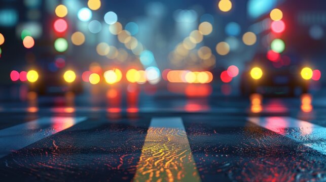 Close up view of asphalt road with bokeh light background. Generated AI image