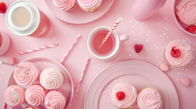 Top view girl birthday decoration with muffins and drinks isolated pink background. AI generated