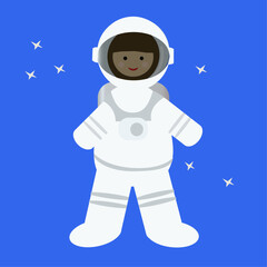 Vector image of an astronaut in a cartoon style on a blue background with stars on the background for a book, game and other illustrations