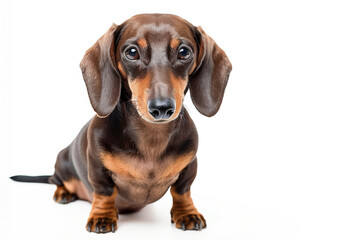 A proud Dachshund dog sits attentively, its dark eyes and sleek coat giving it a noble air against a white background