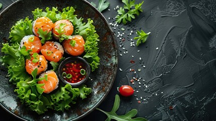 Beautiful sushi and rolls on a dark stone background. Food advertising. Banner, menu.