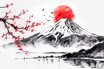 Abstract watercolor hand drawn japanese style with fuji mountain, cheery tree, sun and white background isolated © Pickoloh