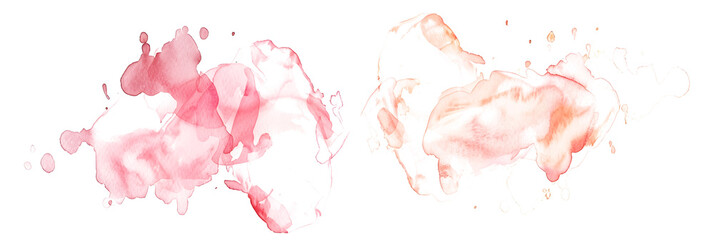 Pink and peach abstract watercolor splashes on transparent background.